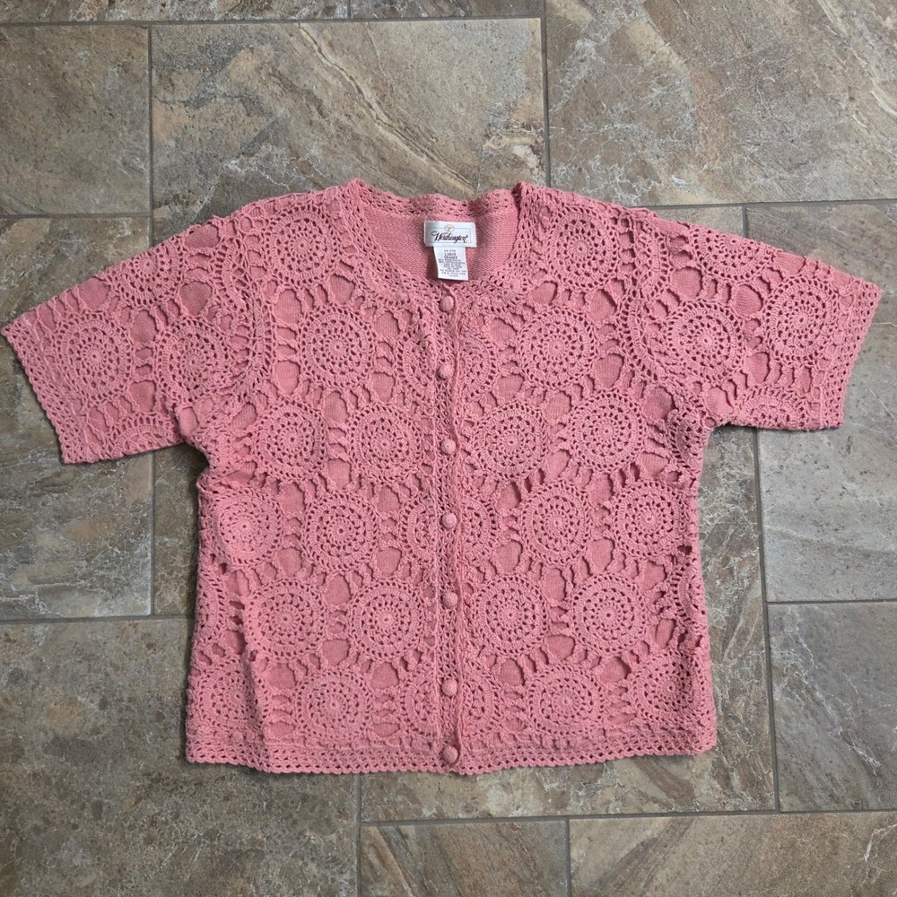 Vintage Worthington Pink Crochet  Short Sleeve Cardigan Sweater L‎ Cottagecore